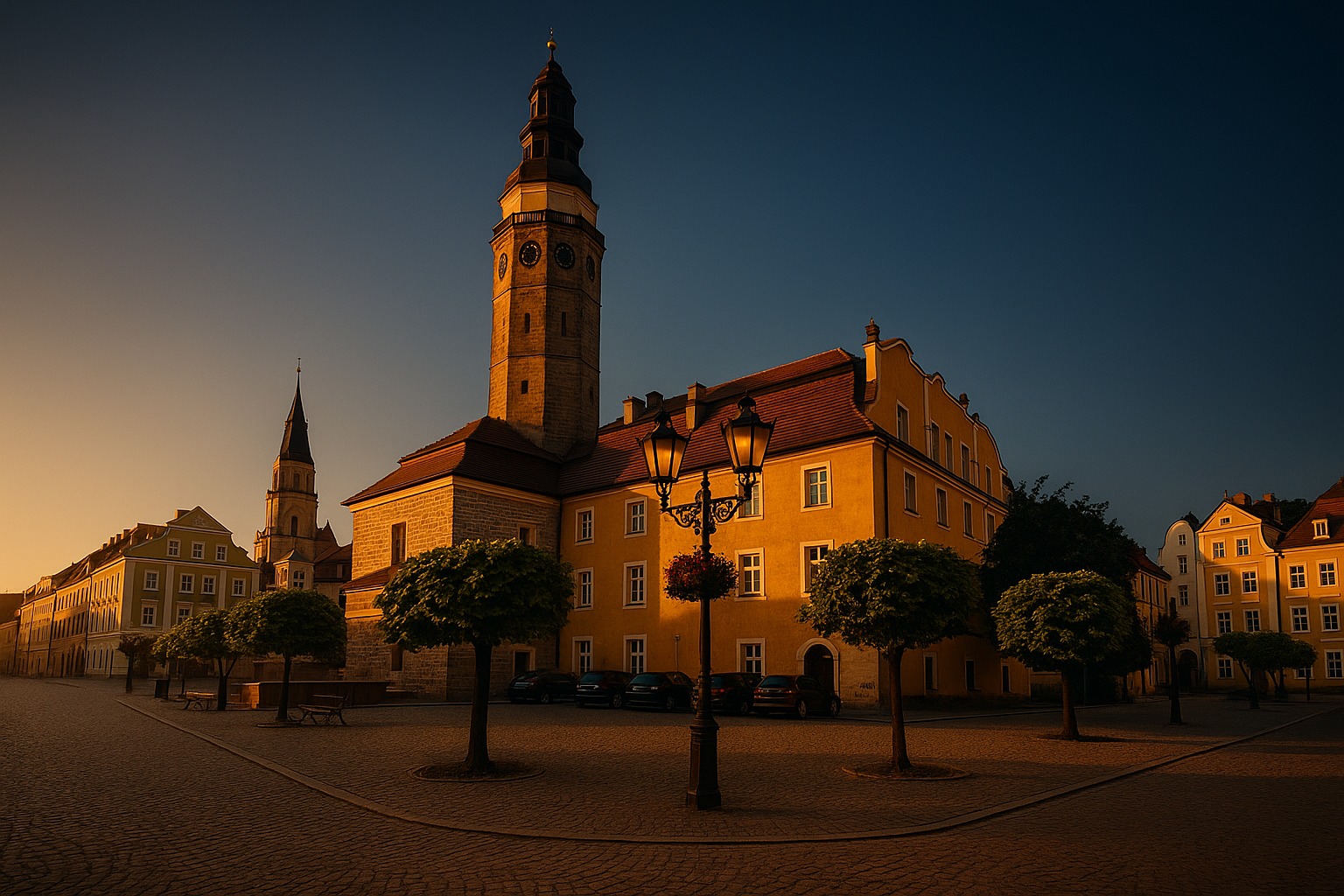 Rynek w Bolesławcu o zachodzie słońca